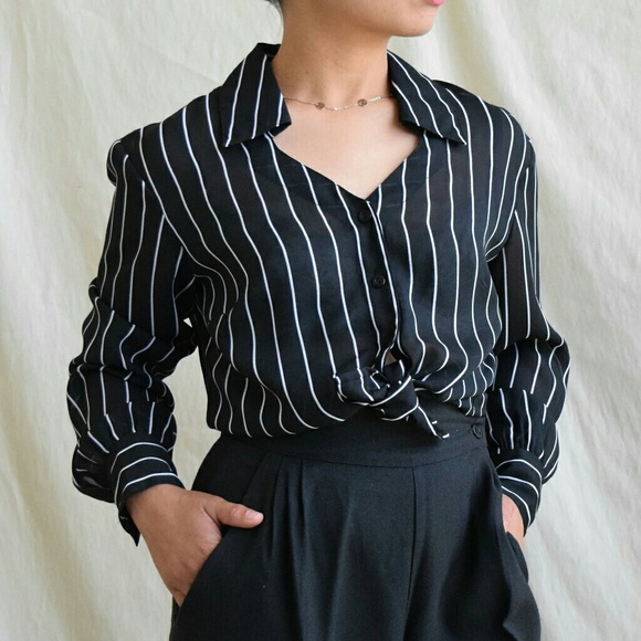 Classic black white sheer dress shirt Small - Picture 6 of 9